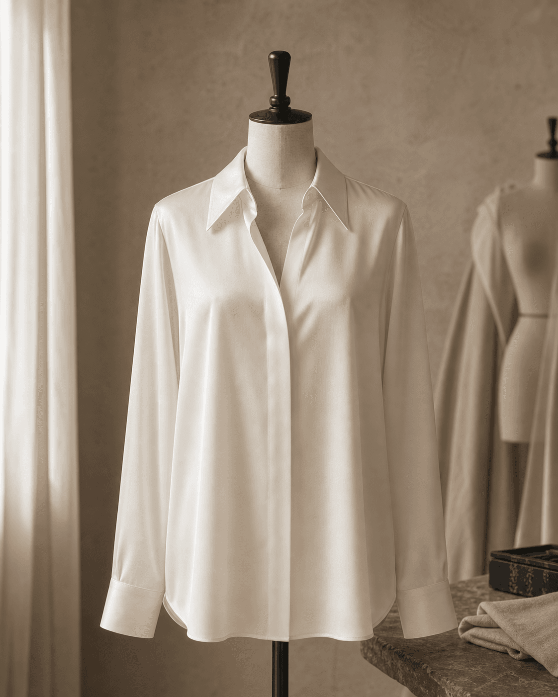 Ivory silk blouse styled in a quiet atelier