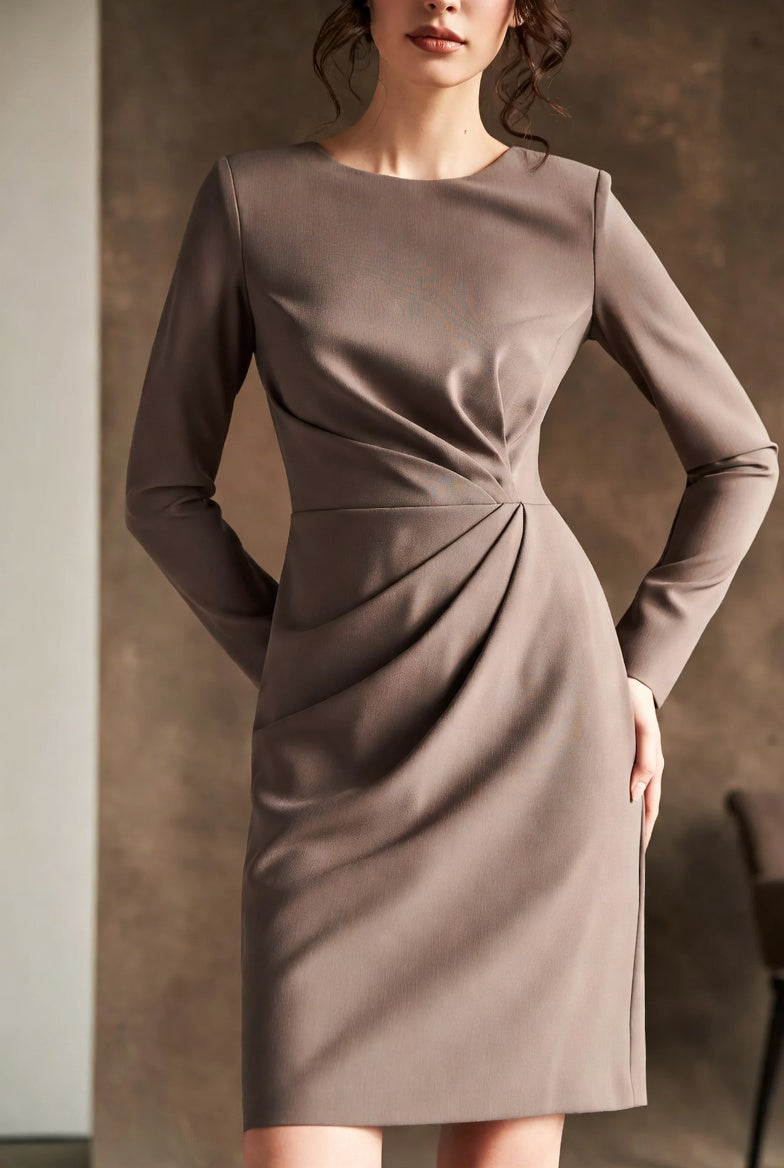 The Giselle Tea Dress — Coffee Bean ruched silhouette