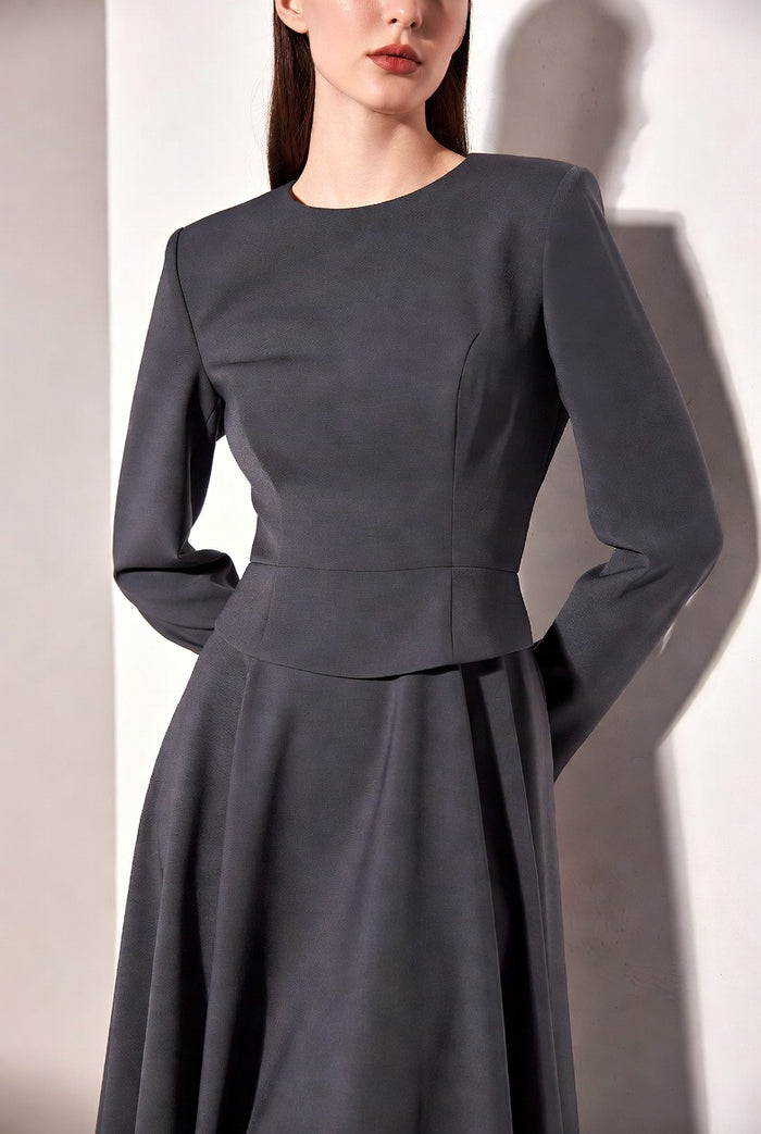 The Halia High-Neck Gown — Gray Whale structured bodice