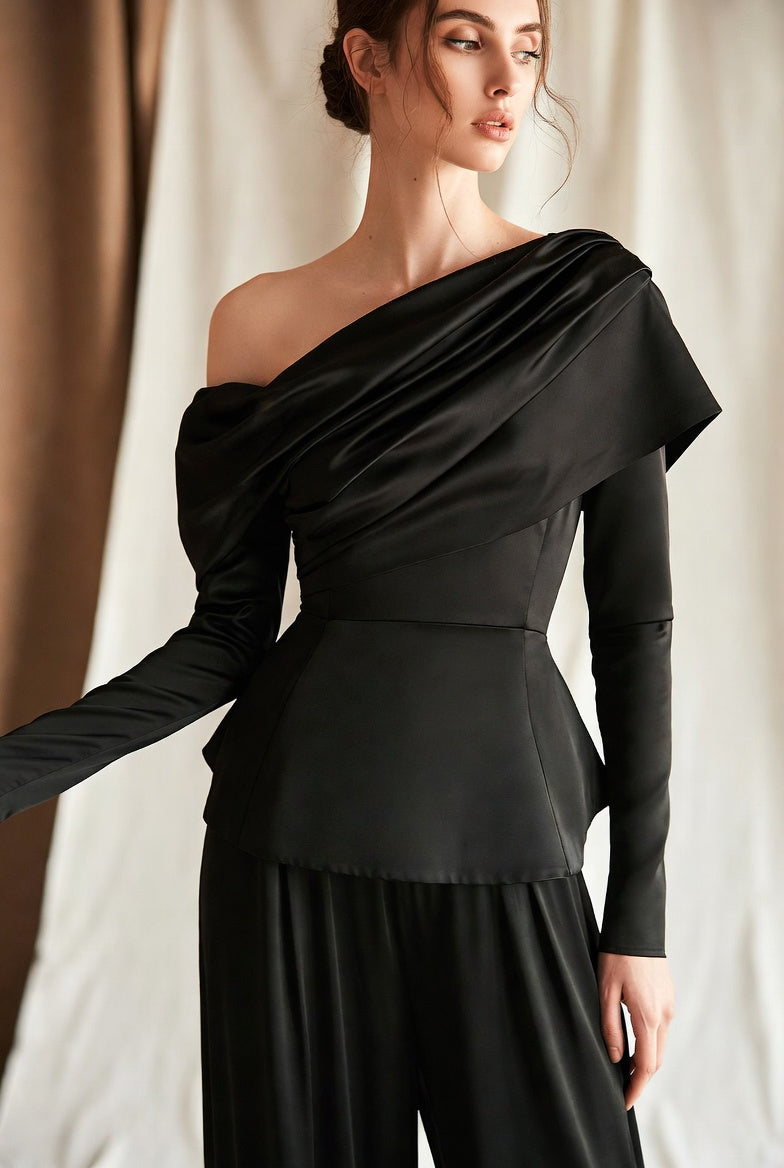 The Esme Bias Skirt & Shell — Espresso satin draped shell