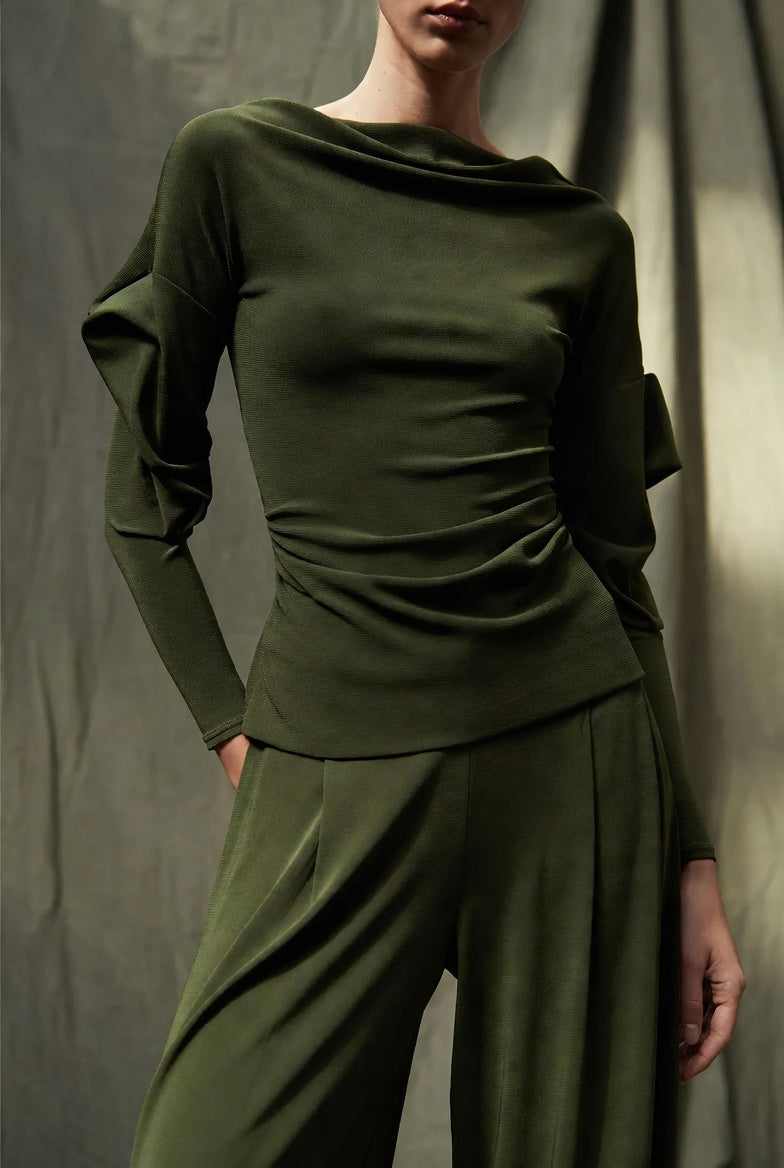 The Maren Wide-Leg Trouser — styled with draped top