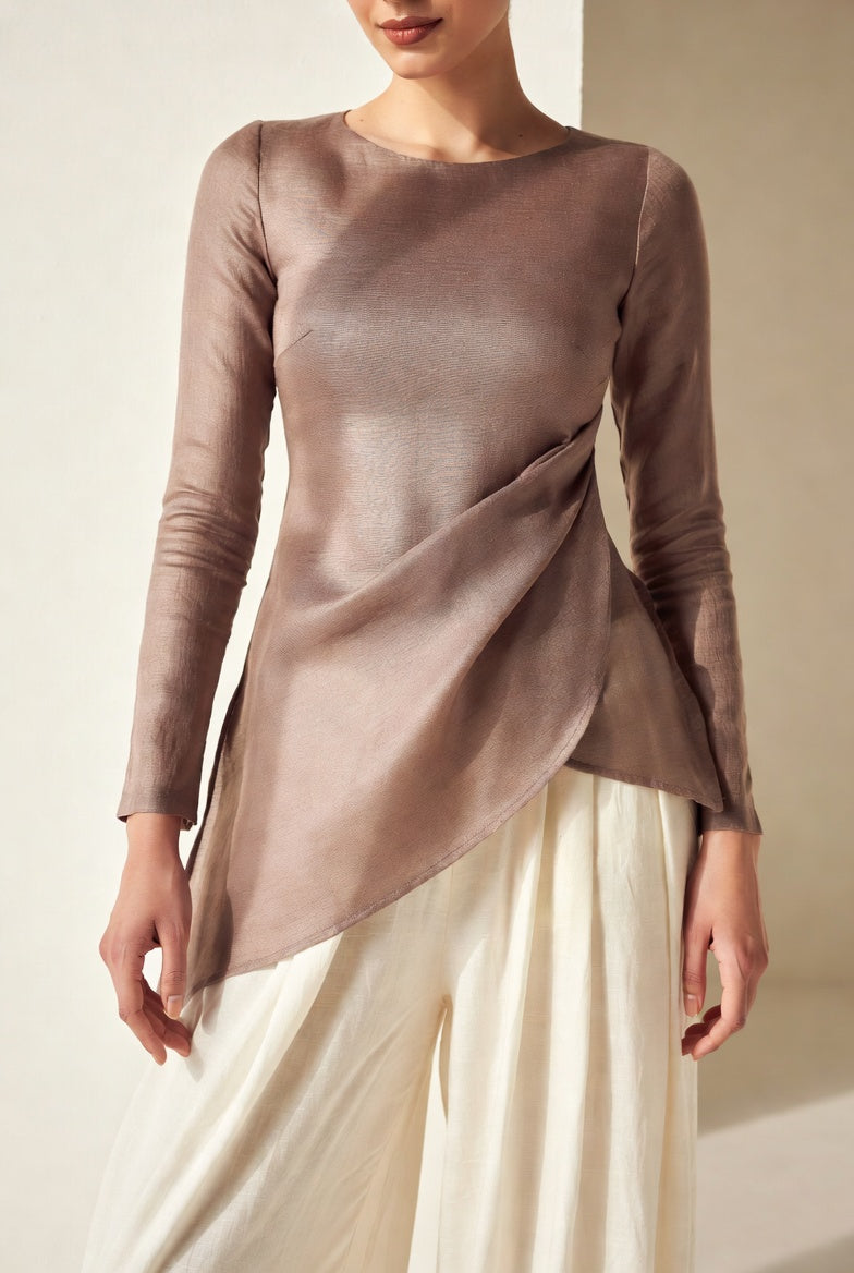 The Maren Wide-Leg Trouser — Antique White styled with tunic
