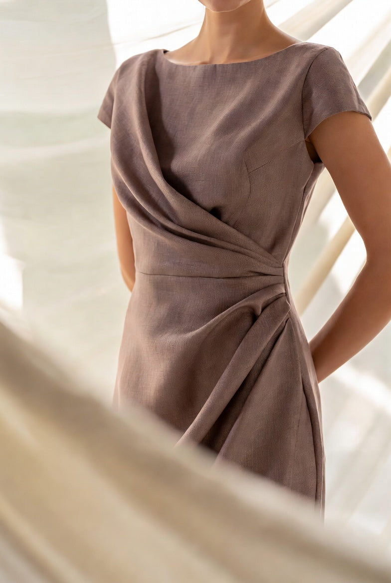 The Giselle Tea Dress — Coffee Bean linen drape
