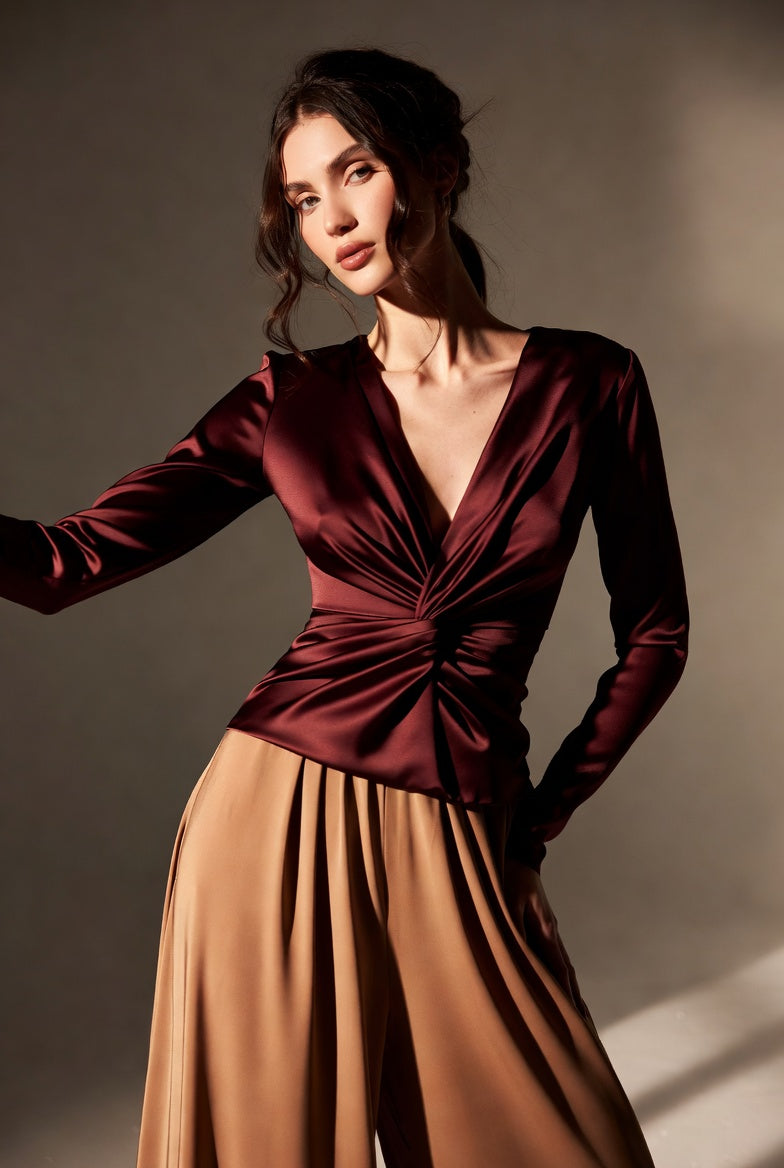 The Bellini Cowl Gown — Merlot satin twist front