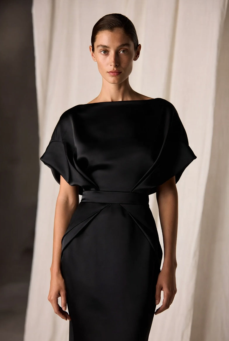 The Halia High-Neck Gown — Espresso satin with obi belt