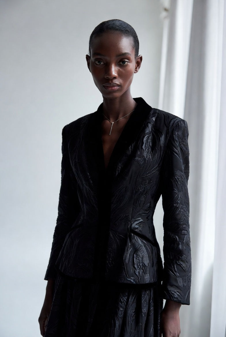 The Colette Tailored Blazer — Espresso brocade